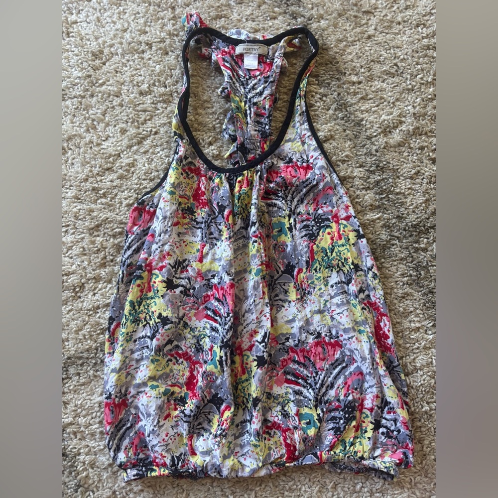 Poetry Abstract Floral Ruffle Racerback Tank Top Medium
